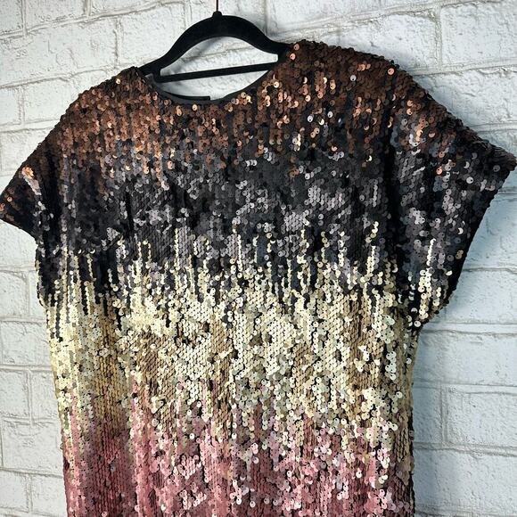 Aidan Mattox Dress Sequin Ombre Mini Shift Short Sleeve Black Pink Gold 0 XS - Picture 5 of 12